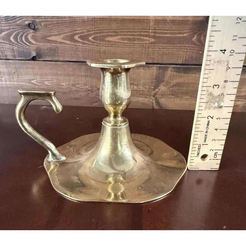 Vintage Solid Polished Brass Chamber-style Candlestick Holder Finger Loop